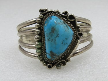 Vintage Sterling Southwestern Navajo Turquoise Cuff Bracelet, L.N. Leander Nezzie
