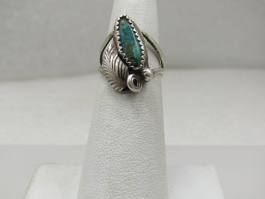 Vintage Sterling Southwestern Turquoise Feather Ring, Sz. 4.75