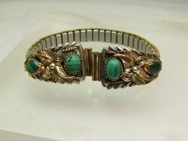 Vintage Sterling Southwestern Malacite Watch Tips/Band, Ladies, 1970's