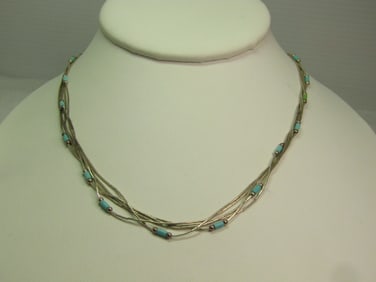 Vintage Sterling Southwestern Five Strand Necklace, Liquid Silver & Turquoise Glass Beads, 18",