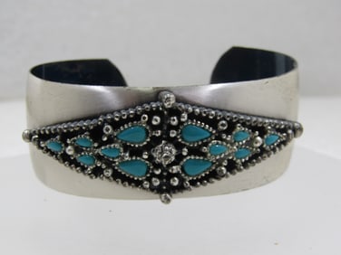 Vintage Southwestern Faux Turquoise Cuff Bracelet, 7", 1960's-1970's