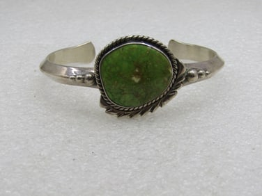 Vintage Sterling Southwestern Green Turquiose Cuff Bracelet, 6.5" Signed R