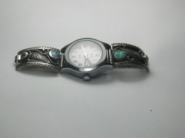 Vintage Southwestern Sterling Turquoise Watch Tips and Watch, Ladies, 1970's