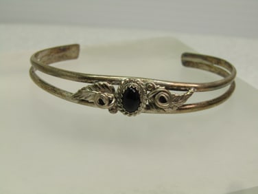 Vintage Sterling Southwestern Onyx Cuff Bracelet, 6.5", 1970's-1980's