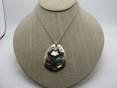 Vintage Southwestern Ram Necklace, Turquoise & Coral Colored Stones, 18", Unisex, 1970's-1980's