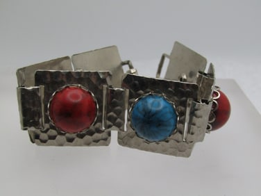 Vintage Southwestern Hammered Bracelet, Faux Turquoise/Coral, 7", 1970's-1980's.