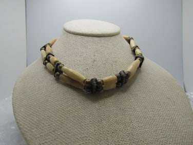 Vintage Native American Bone & Leather Warrior Necklace, Braided Tie 21"