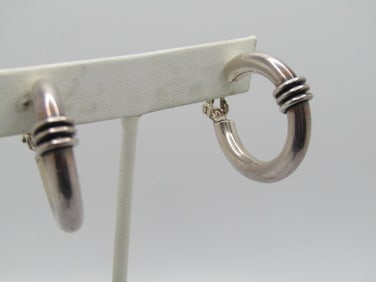 Vintage Sterling Hoop Earrings, Clip, Southwestern Vibe, 1-1/8"