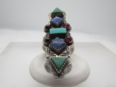 Vintage Sterling Navajo Ring, Turquoise, Malacite, Plus, Signed J. Nelson, 1970's-1980's, Unisex