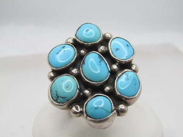 Vintage Sterling Southwestern Turquoise Cluster Ring, Sz. 9, Unisex, 1980's
