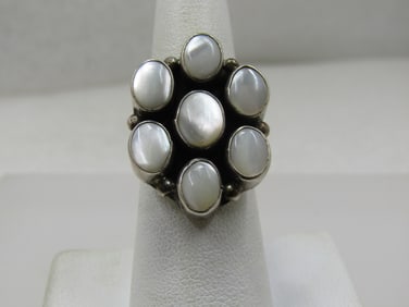Vintage Sterling Southwestern Mother-of-Pearl, Ring, Cluster, Sz 7. Signed H