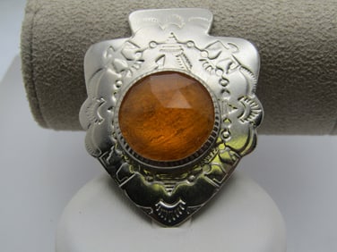 Vintage Southwestern Arrowhead Brooch, Orange Stone, 1970's-1980's