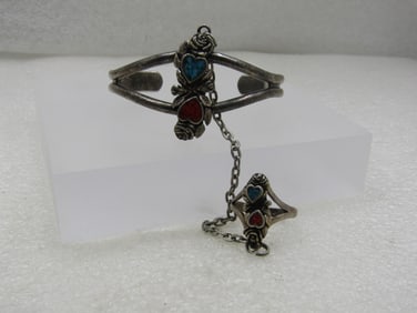 Vintage Southwestern Turquoise Coral Chip Cuff Bracelet & Attached Ring, 1988