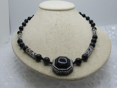 Black Beaded & Scrolled Necklace, 21.5", Silver Tone, 1990's