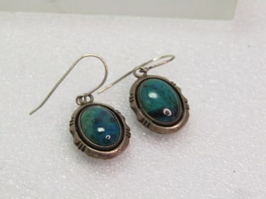 Vintage Sterling Southwestern Chrysocolla Earrings, Pierced, Drop, 1970's-1980's Signed