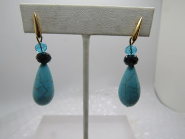 Faux Turquoise & Rhinestone Earrings, Pierced Drop