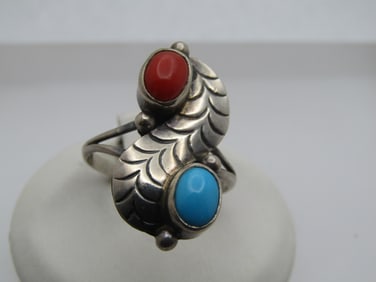 Vintage Sterling Southwestern Turquoise Coral Ring, Sz. 9, 1970's-1980's, Signed