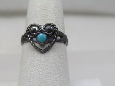 Vintage Sterling Southwestern Turquoise Heart Ring, Sz. 7, Signed