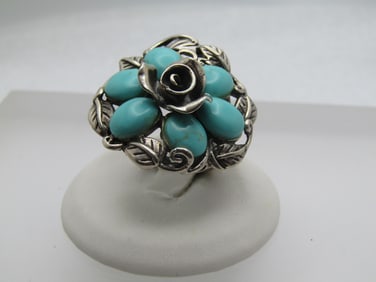 Vintage Sterling Rose & Faux Turquoise Blossom Ring, Sz. 6.5, 1990's, Signed