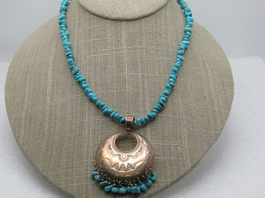 Vintage Sterling Southwestern Turquoise Necklace, 19", Signed Q.T.