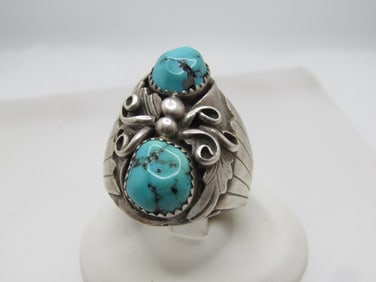 Vintage Southwestern Sterling Turquoise Ring, Sz. 11, Men's, 1970's-1980's, Signed