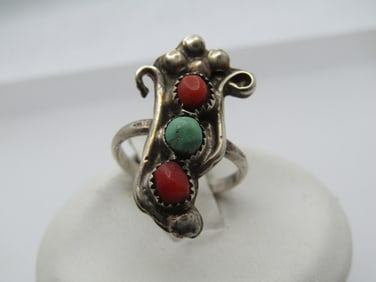 Vintage Sterling Southwestern Coral Turquosie Ring, Sz. 3.5, Signed MM, 1970's-1980's