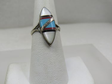 Vintage Sterling Southwestern Inlaid Ring, Pointed Sz. 6.5