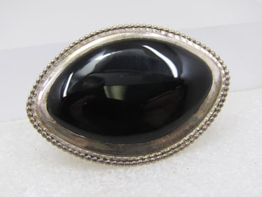 Vintage Southwestern Sterling Onyx Brooch, Signed I.C.2-1/8"