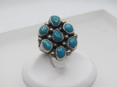 Vintage Sterling Southwestern Turquoise Ring, Sz. 7, Signed M. Guerro, 1960's and After.