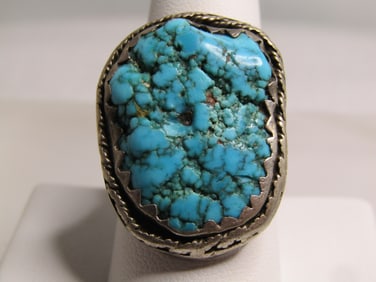 Vintage Southwestern Sterling Turquoise Old Pawn Ring, Sz. 11, 1940's-1960's