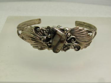 Vintage Sterling Southwestern Agate, Feather Cuff Bracelet, 6.75", 1970's-1980's, Signed Les Baker