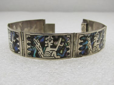 Vintage Mexican Sterling Inlaid Aztec Abalone Bracelet, 7" 1950's-1960's