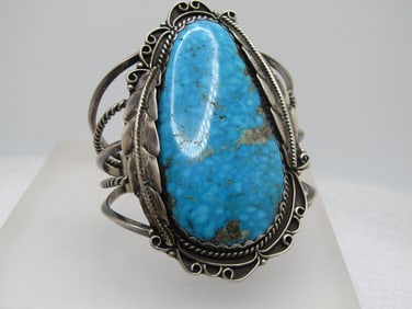 Vintage Sterling Southwestern Turquoise Cuff Bracelet, Signed RR, 1960's-1970's, 6.5"