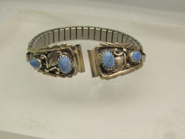Vintage Sterling Southwestern Watch Tips/Band, Ladies' Blue Agate, Richard Begay, 1970's
