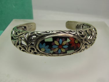 Sterling Southwestern Inlaid Turquoise Coral Floral Cuff Bracelet, Carolyn Pollack, 6.5", 2000's
