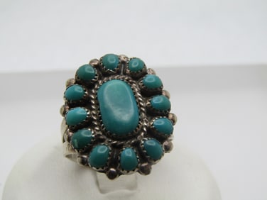 Vintage Sterling Southwestern Turquoise Petite Point Ring, Marie Basselente, Sz. 6.75, 1950's-1970's