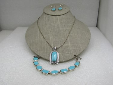 Sterling Southwestern Necklace, Bracelet Earrings Turquoise Set. Signed CFJ