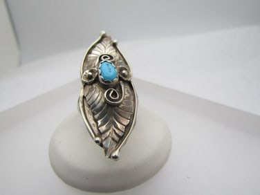 Vintage Sterling Southwestern Turquoise Ring, Long, Sz. 6.5, Signed E, 1970's-1980's