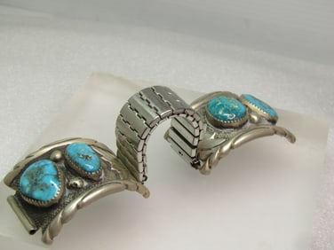 Vintage Sterling Southwestern Turquoise Watch Tips and Band, Men's, Signed EAB, 1950's-1970's