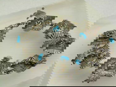 Vintage Sterling Turquoise & Charm Bracelet, Navajo, Richard Begay, 1970's. 7.75"