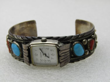Vintage Sterling Southwestern Turquoise Coral Watch Cuff Bracelet, 6.75", Signed P