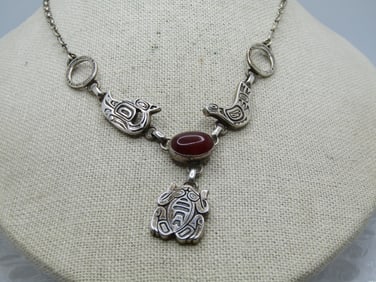 Vintage Sterling Tribal Carnelian Frog/Bird Necklace, Lavalier, 20" , Carol Felley