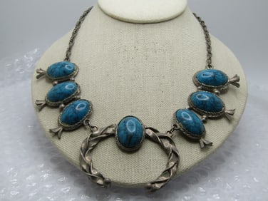 Vintage Faux Turquoise Squash Blossom Necklace with Naja, 27", 1960's-1970's