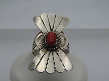 Vintage Sterling Southwestern Coral Ring, Sz. 6.75, 1960's-1970's