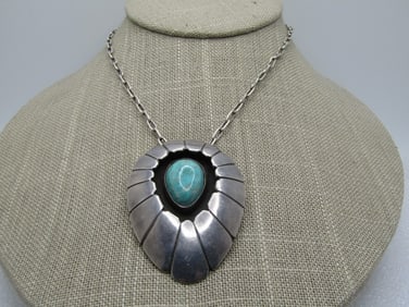 Vintage Sterling Turquoise Necklace, Shadow Box, 24", 1960's-1970's