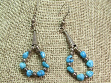 Vintage Sterling Southestern Turquoise Hoop Earrings, Drop, 1970's-1980's