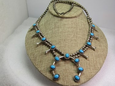 Vintage Sterling Navajo Turquoise Squash Blossom Necklace, Richard Begay, 1970's, 23"