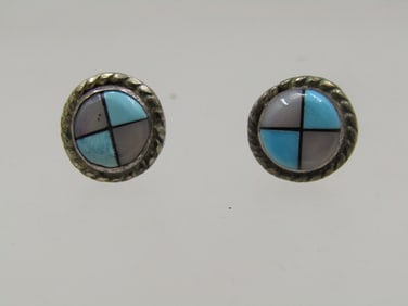 Vintage Sterling Southwestern Inlaid Earrings, Pierced, 1970's