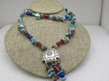 Southwestern Beaded Necklace, 28", Simulated Turquoise, Lapis & More