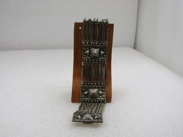 Vintage Mexican Aztec Themed Wide Bracelet, 7.5" Signed Taxco